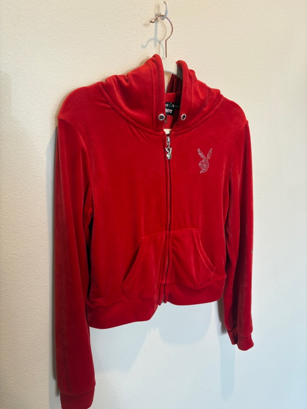 PLAYBOY Red Velour Hoodie Jacket - Picture 3 of 5
